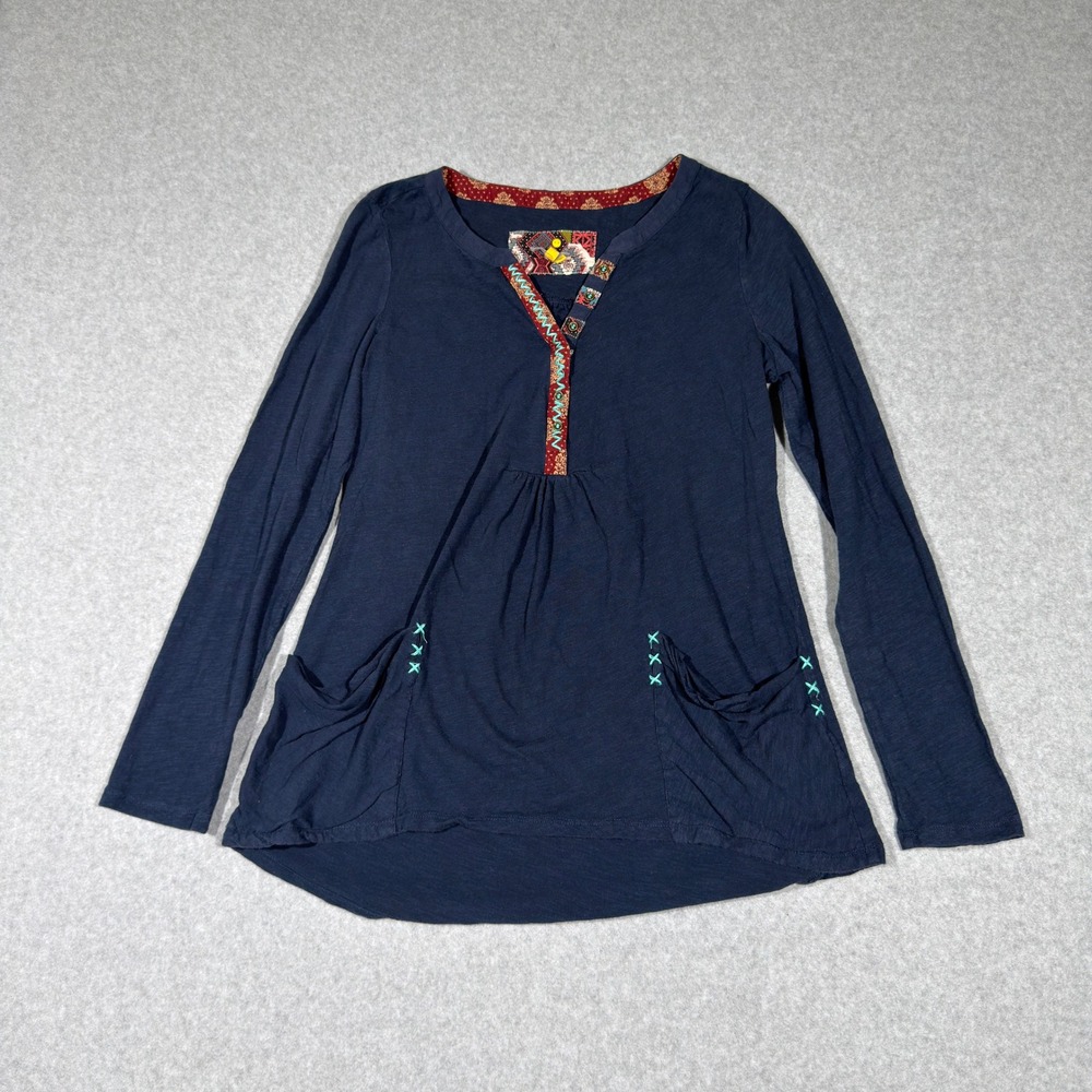 Anthropologie Little Yellow Button Navy Cotton Henley Tunic Top Pockets M Boho